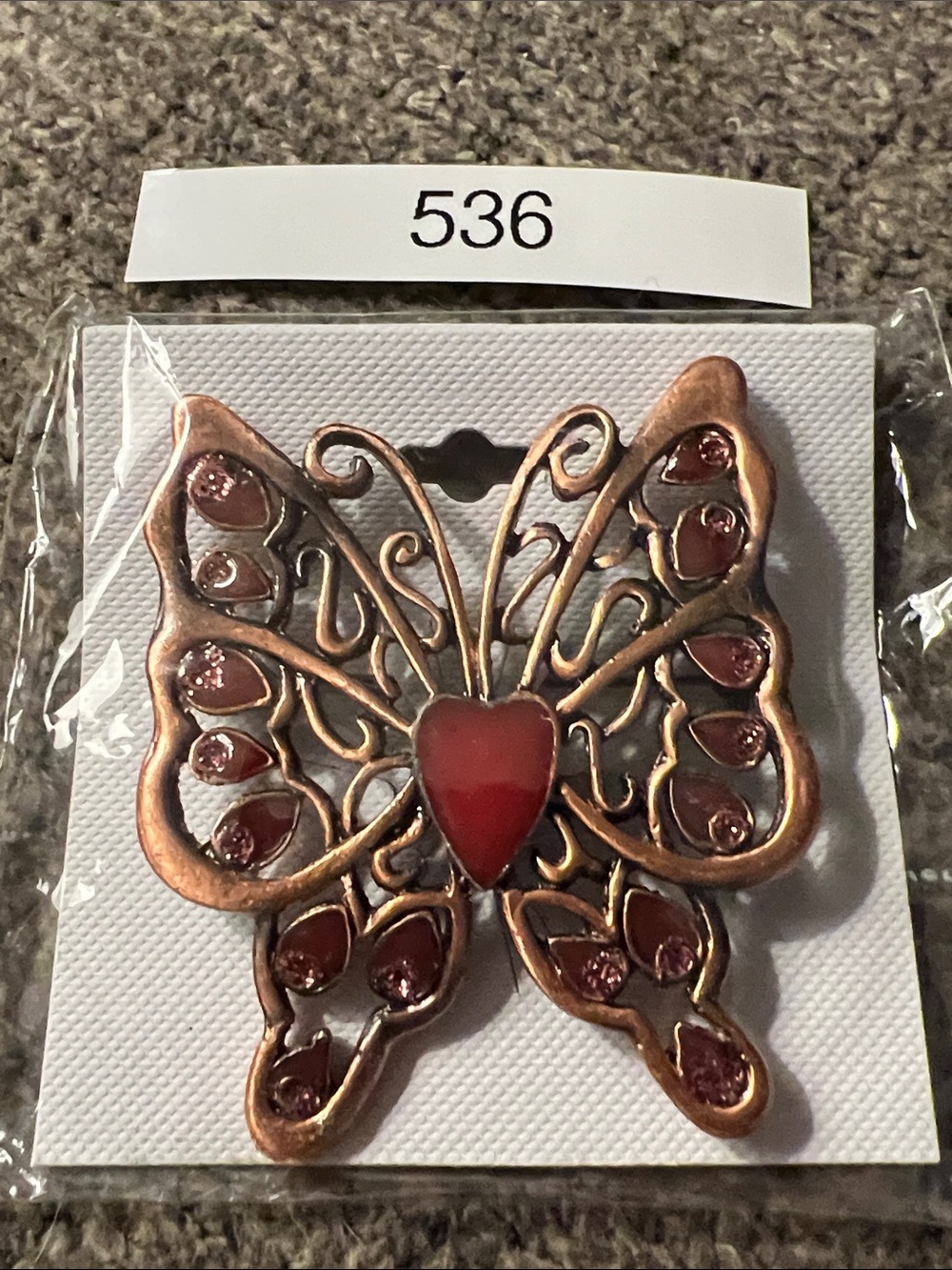 3/$18 Copper-Tone Butterfly Brooch with Red Enamel Heart Lot 536
